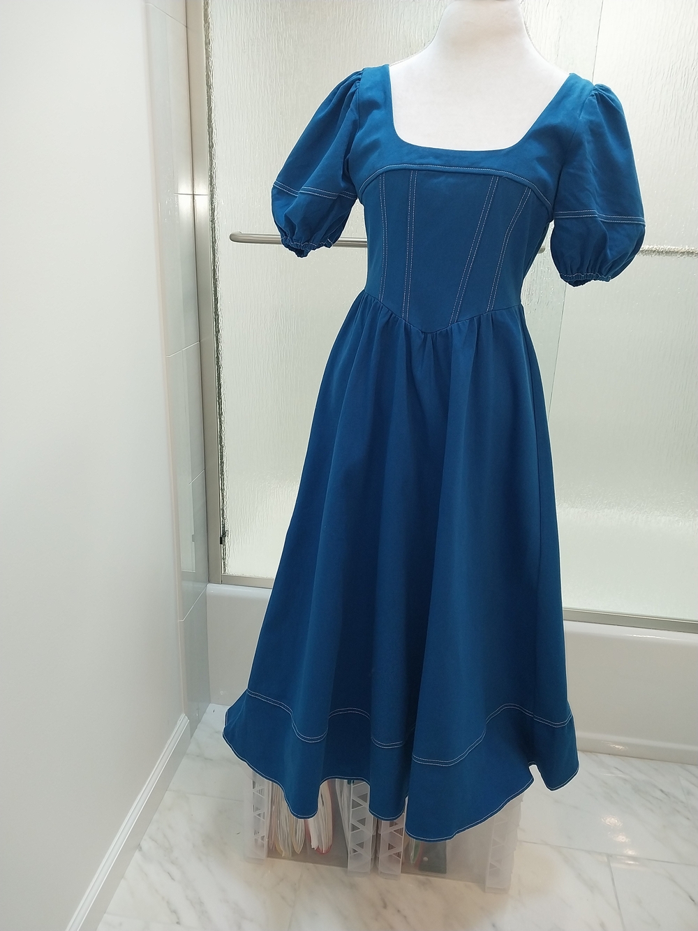 Moon River Blue Square-Neck Puff Sleeve Midi Dress